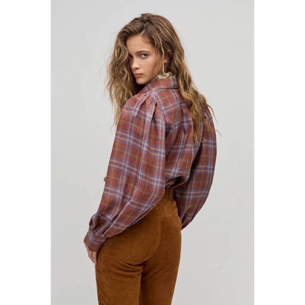 NEW LANHTROPY camille linen shirt in hazelnut checks - Picture 3 of 4